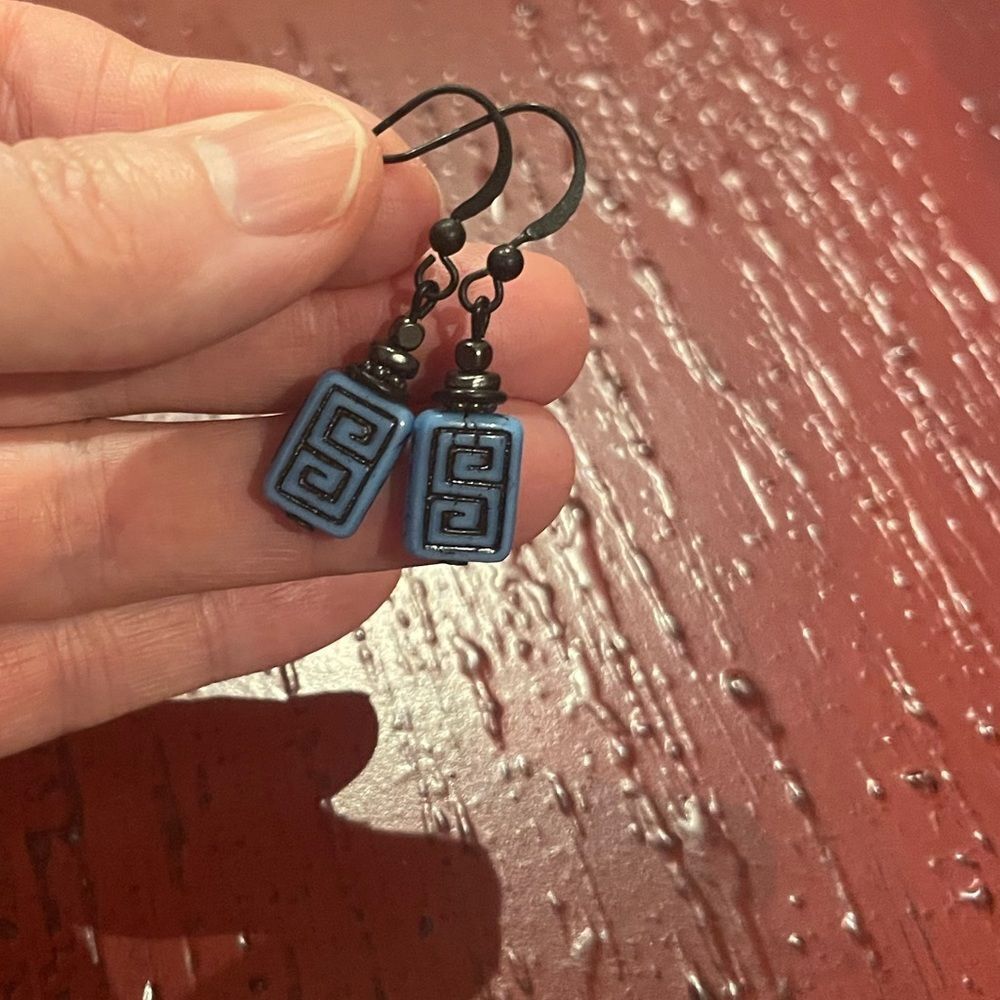 HandCrafted Artisan Earrings Blue Czech Glass Copper Greek Key Rustic Boho# 173  - Picture 6 of 7